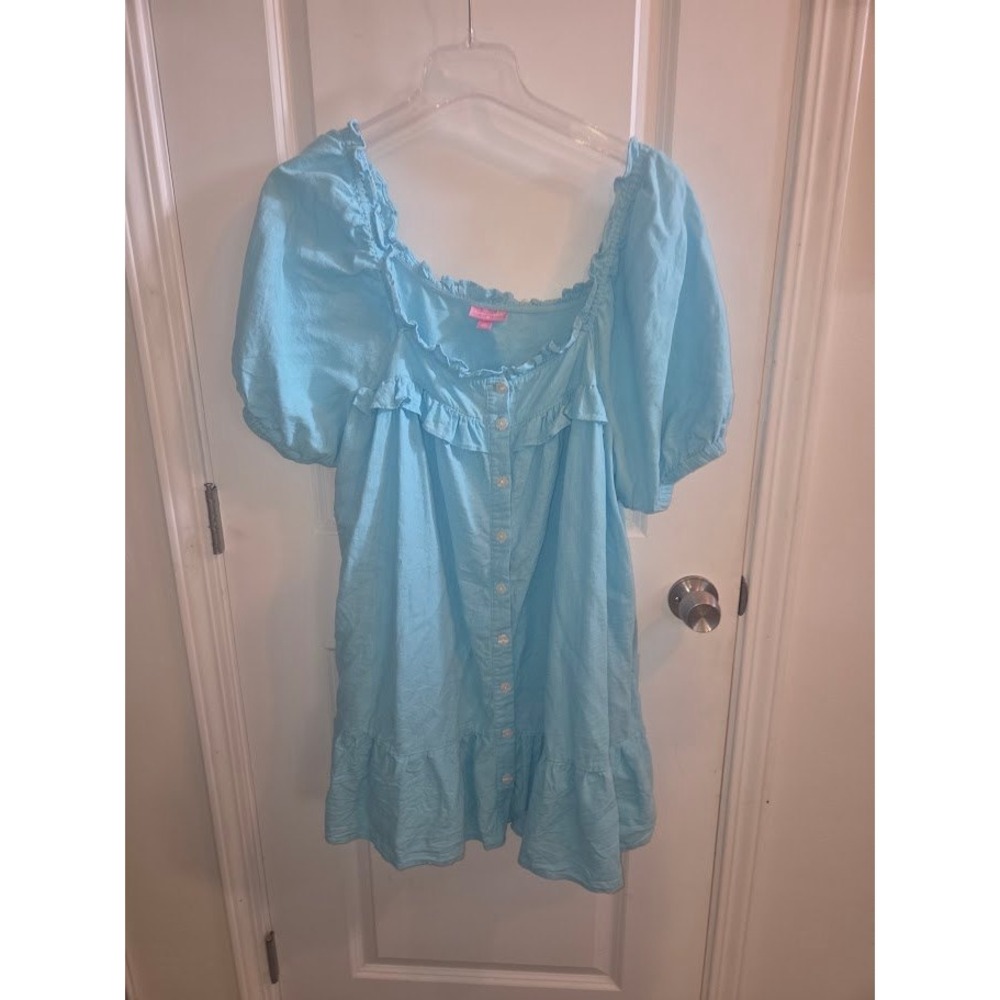 Stoney Clover Lane x Target Blue Ruffle Button Front Puff Sleeve Top Size XL